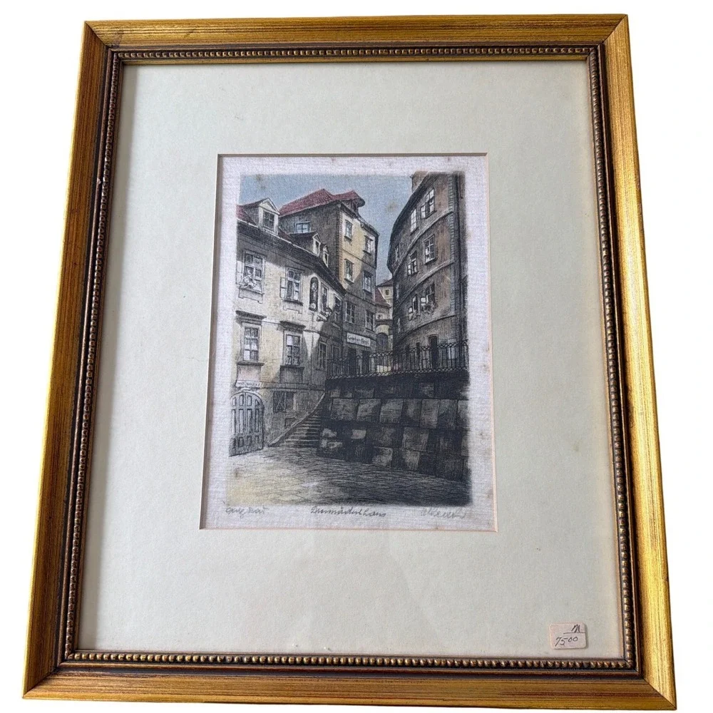 Vintage Signed European Etching Framed Wall Art Set of 3 Gold Frames Estate Find